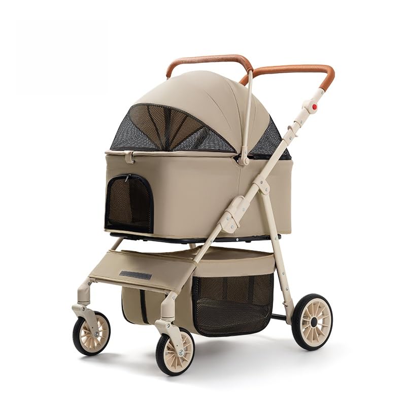 3-in-1 Pet Stroller for Cats & Dogs - 35lbs Upper Deck & 13lbs Lower, Detachable Carrier, Storage Basket, One-Hand Fold & 4-Wheel Brakes (Light Brown)