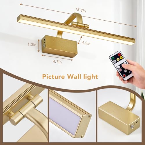 Image of RAIFOOLLY Picture Light, 16inch Cordless Picture Lights for Wall with Timer and Dimmable, Battery Operated Metal Wall Lights for Display Gallery Painting Art Frame Portrait - Gold