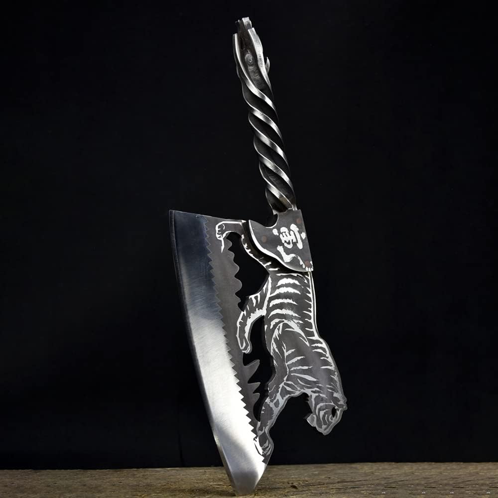 MAYiT Meat Cleaver Knife, 9 Inch Household Machete Bone Chopper Handmade Butcher Hatchet Knife Steel Handle Longquan Kitchen Knife Shaped Like A Tiger