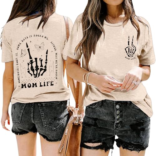 Camiseta casual para mujer con cuello redondo y estampado de doble letra, manga corta, blusa blanca con rayas negras, caqui, M