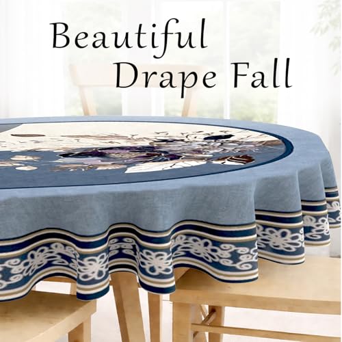 Image of Cloth Fusion Velvet Floral Oval Shape Dining Table Cover Cloth 6 Seater with Stunning Gold Foil Design for Home Decor (60x90 Inch, Blue)
