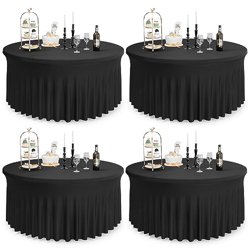 gogoparti 4 Pack Black 4ft Spandex Round Tablecloths 108 inch, Stretchy Round Tablecloths Fitted for 48 inch Table, Wrinkle Free Round Table Cloths with Skirt for Wedding Birthday Party Banquet