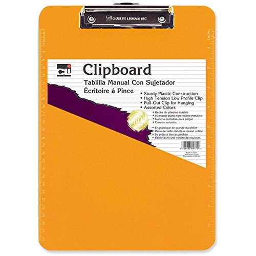 Charles Leonard Transparent Plastic Clipboard with Low Profile Clip and Pull Out Hook, Letter Size, Neon Orange, 1 Each (89765)