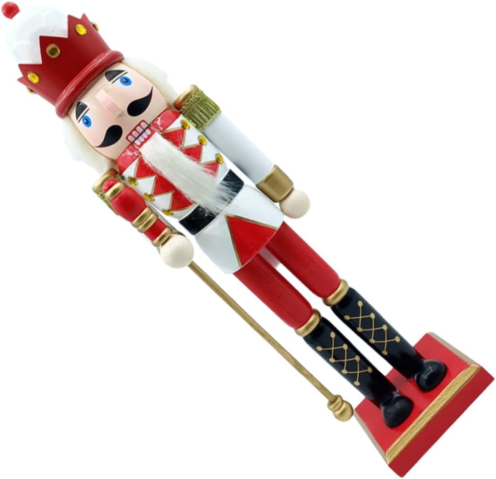 Wooden Nutcracker Christmas Decoration 39.5cm Red White Gold King Soldier Figurine Desktop Nutcrackers Craft for Holiday Home Seasonal Décor