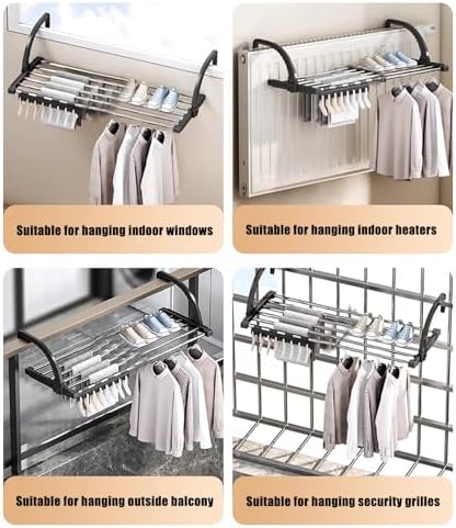 Portable Folding Clothes Drying Rack, Metal Over Door & Window Mount, Indoor/Outdoor Airer Hanger for Efficient Clothes Drying (31x14in, 80x35cm)