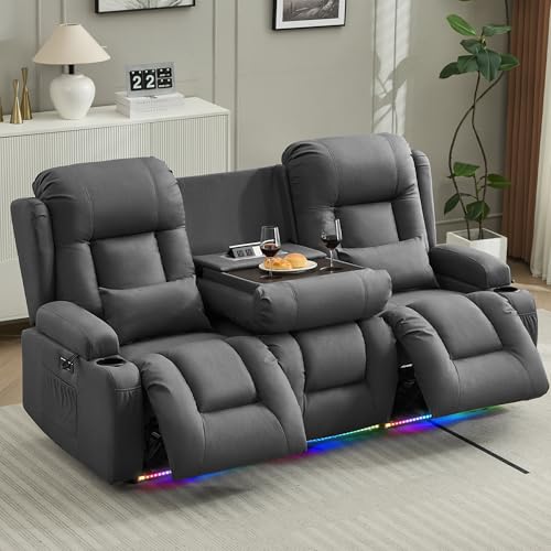 Image of URRED Power Loveseat Recliner Sofa with Massage and Heat, Wall Hugger Reclining Loveseat with Console, RV Couch Home Theater Seating with LED Lights for Living Room (Gray, 76.8 inch - 3 Seats)