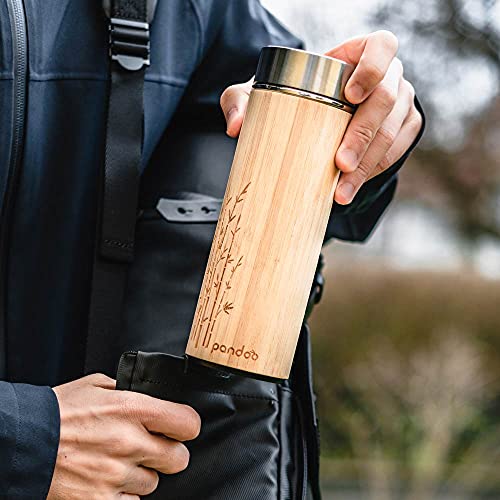 pandoo bamboe thermo beker | dubbelwandige thermo fles, reis mok, thee maker, thee fles, drinkfles met rvs theezeefje | BPA-vrij | Thee to-go - Image 3