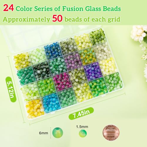 Image of XSEINO About 1200+ pcs 6mm Glass Beads Bracelet Making Kit, 24 Assorted Green Bi-Color Fusion Series Crystal Beads for Jewelry Making, DIY Crafts, Friendship Bracelets