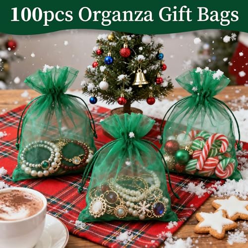 Image of YHJZ 100PCS Dark Green Organza Bags, 4x6 Inch Small Mesh Bags Drawstring, Jewelry Gift Bags for Birthday Party, Treats, Wedding