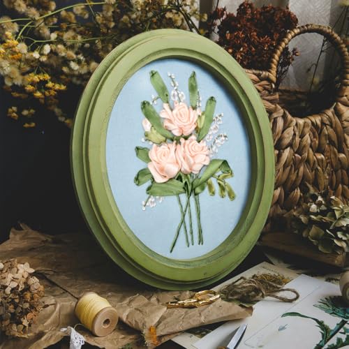 Image of FONNUY Ribbon Embroidery 3D Flowers Pattern Design Kit Embroidery DIY Handwork Set Oval Home Decoration (Champagne Rose)