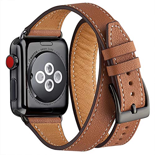 Bestig Band Compatible for Apple Watch 42mm 44mm 45mm, Genuine Leather Double Tour Designed Slim Replacement Strap for iWatch Series 7 6 SE 5 4 3 2 1 (Brown Band+Black Connector)