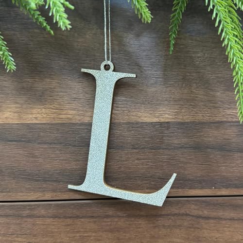 Pxniy Silver Monogram Christmas Ornament, 4.8 x 3.5 inch Wooden Initial Letter, Holiday Tree Decoration and Stocking Tag (L)