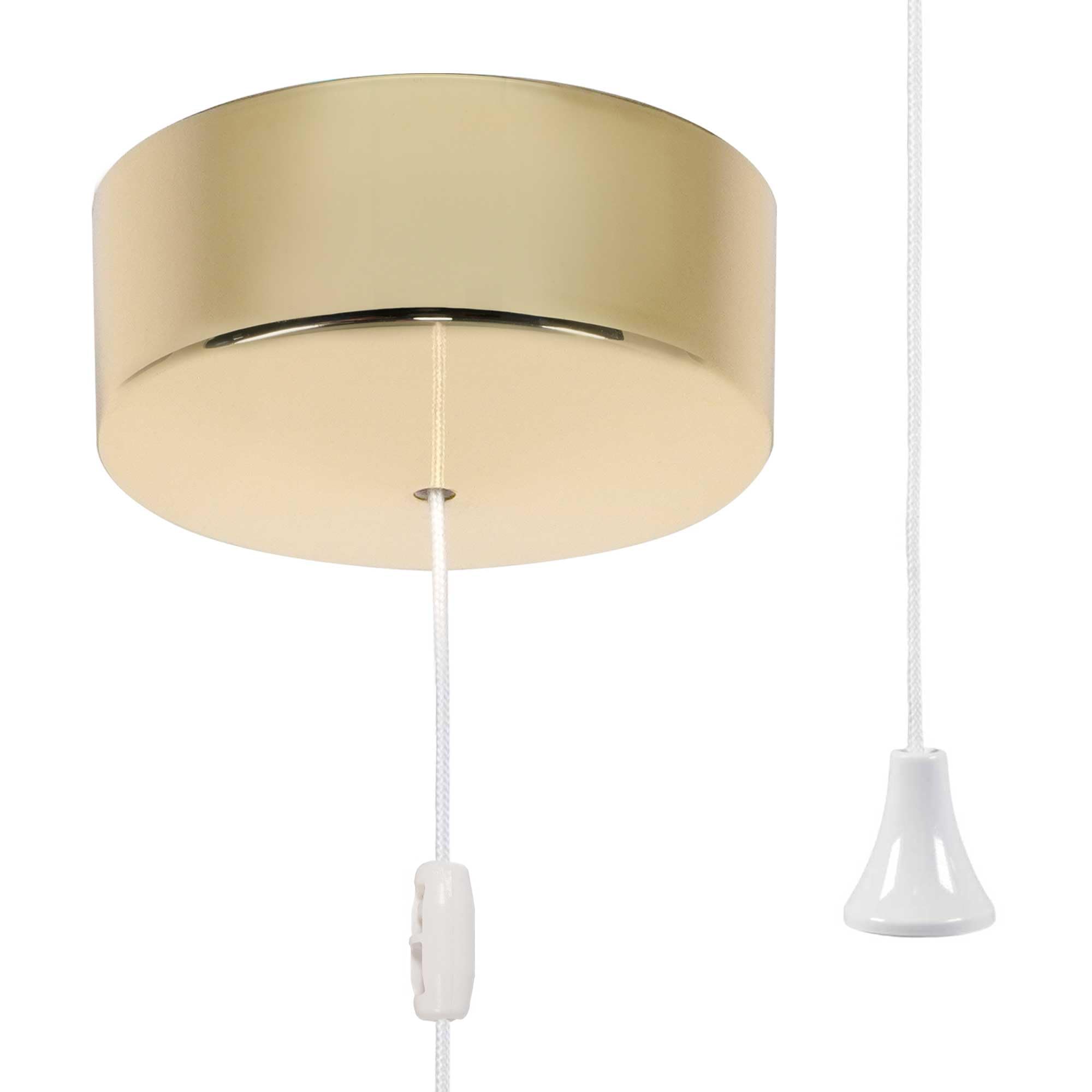 ElekTek UK Safety Approved Polished Brass Bathroom Light Pull Switch EN 60669-1 & CE Mark, Earth Terminal, Ceiling Mounted, White Cord/String, 6A 250V, 1 Way/2 Way Use, Full Wiring Instructions