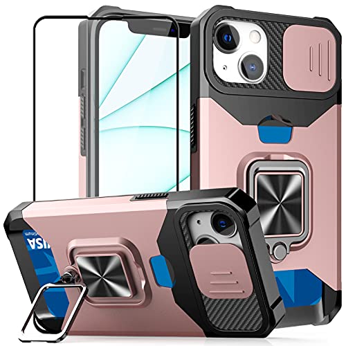 Ailiber Compatible with iPhone 13 Mini case, with Screen Protector, Ring Kickstand Magnetic Car Mount, Slide Camera Cover, Card Holder Slot, Shockproof Bumper Phone Cover for iPhone13 Mini-Rose Gold