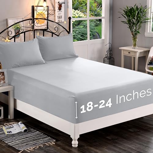 Elegant Comfort 1500 Premium Quality Fitted Sheet Ultra Soft 18-24 Inch Extra Deep Pocket - Single Fitted Sheet for High Mattress - Wrinkle Free with Smart Storage Pockets, Queen, Silver