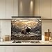 Tempered Glass Backsplash for Kitchen, Wilderness Grizzly Bear Design Glass Backsplash, Copper Look Backsplash for Kitchen Wall, Rustic Kitchen Backsplash, Easy to Install Stove Backsplash