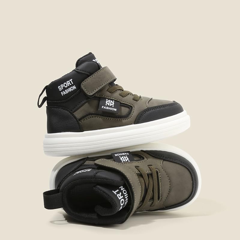 Kids High-Top Fashion Sneakers, Athletic Sports Shoes with Hook and Loop, Black/White3