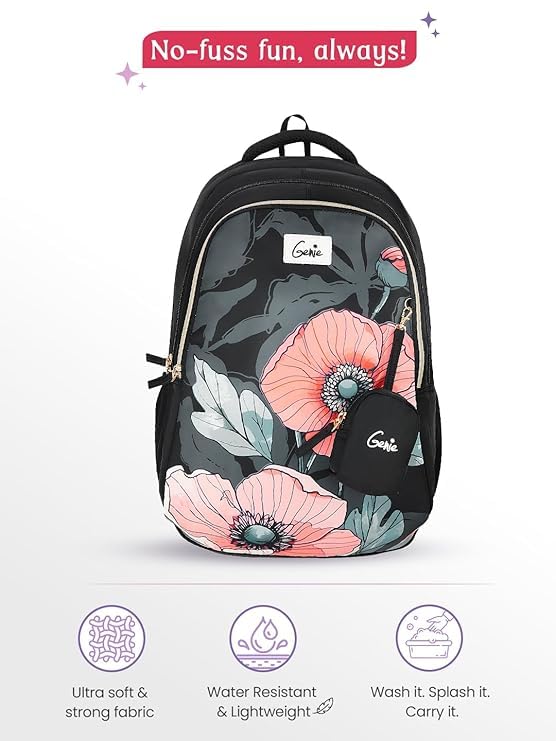 Image of Genie Aurela School Backpack For Girls |19 Inch-36 Litres With Three Compartments, Light Weight with Padded Shoulders |Best for Books, Water Bottles, Stationery, Lunch Box & Essentials - Black