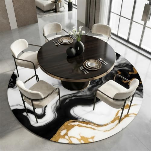 Unique Abstract Marble Texture Area Rug 6ft Round Rugs for Livingroom Bedroom Modern Black and White Gold Art Aesthetic Deco Circle Carpet Soft Non Slip Thin Washable Rug Nursery Dorm Floor Mat - Image 4