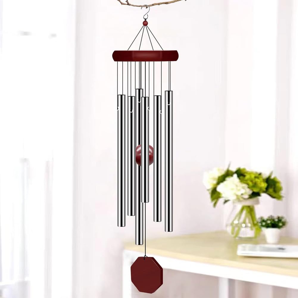 28-Calowy Dzwonek Wietrzny Do Użytku Na ZewnąTrz, Aluminiowy Dzwonek Z 6 Metalowymi Rurkami Do Dekoracji Na Zewnątrz, Na Patio, w Ogrodzie I Na Podwórku,Silver
