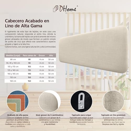 DHOME Cabecero Tapizado Liso Redondeado Lino Natural para Pared Acústicos Cabeceros Absorbentes Cabezal Cama Dormitorio (Beige, 145cm) - imagen 5