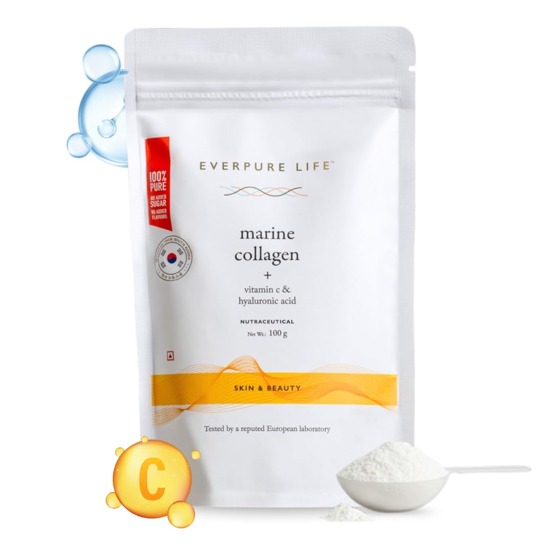 Korean Hydrolysed Marine Collagen Powder With Added Vitamin C And Hyaluronic Acid For Healthy, Glowing Skin - Pure Type I Collagen Peptides - 100G