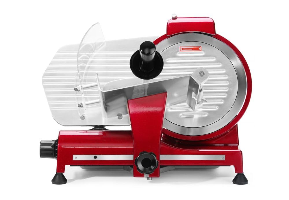 HENDI Affettatrice elettrica, multiuso, macchina per tagliare alimenti, Profi Line 250, Ø lama: 250mm, spessore di taglio (0-​12mm), 220-​240V, 320W, 514x484x(H)​373mm, rosso, alluminio, acciaio inox