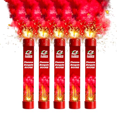 PLANETE FUMIGENE Fumigène Flamme de Bengale ROUGE VIF - Lot de 5 - Torche durée 40 secondes - Allumage à Mèche, fumigene couleur à tenir en Main - idéal...