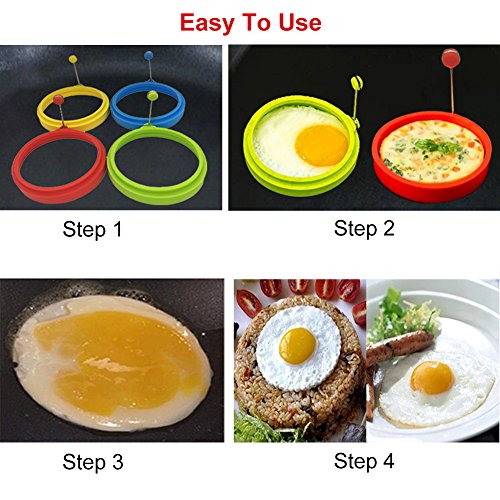 Silicone Egg Rings Round - Nuiby Non Stick Fried Egg Mold - Pancakes Maker Molds - Breakfast Egg Sandwich Cooker Maker - 4 Pack 4 Color, With Bonus 1 Spray Brush Or 2 Egg Poachers Or Both #TOP3