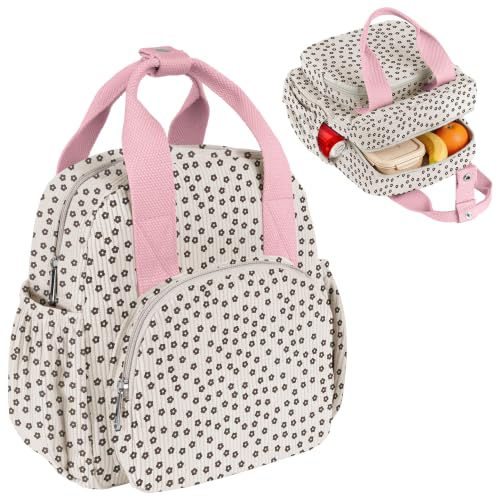 Easozoom Insulated Corduroy Lunch Bag for Teen Girl Kid Women, Large Lunch Box, Reusable Portable Leakproof Lunchbox for School Travel Office Picnic (Flower White)