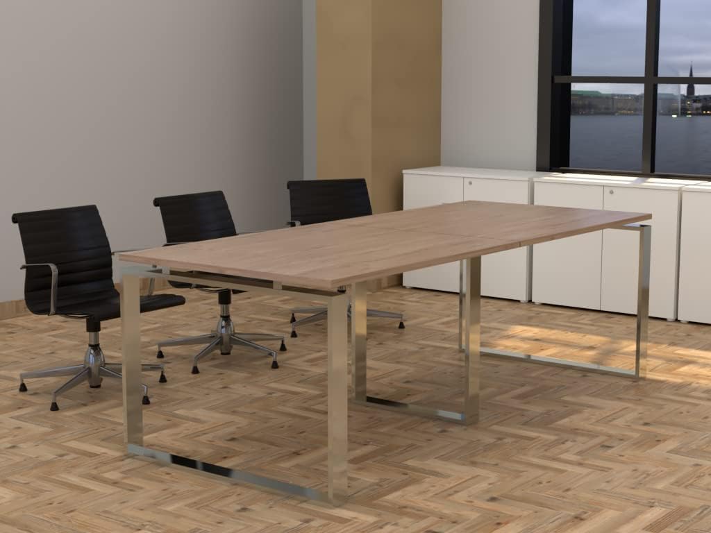 Mesa con Estructura metálica Marco Cerrado Efecto Cromo de 240x100, con pata retranqueada y Tablero melaminado Ideal para Sala de Juntas, reuniones, conferencias (Roble)