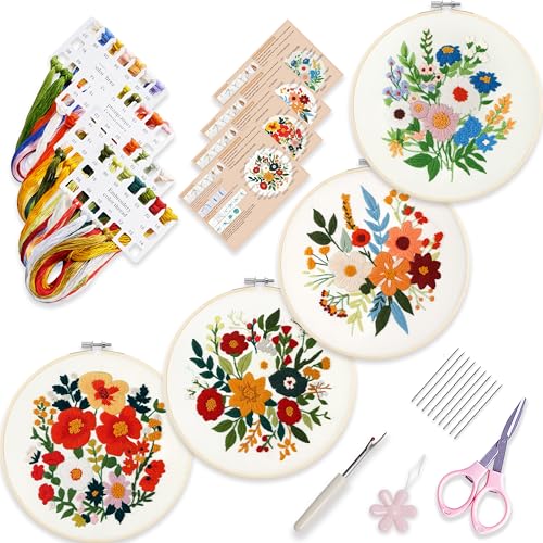 Image of SevFan 4 Sets Embroidery Kit for Beginners Adults,Needlepoint Kits for Adults with Easy Stamped Floral Pattern Fabric Hand Crafts,Bamboo Hoop,Needle,Cloth,Embroidery Kit for Decor Home Room(Flower-4)