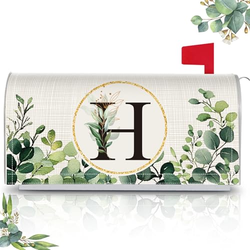 Image of Tiamon Monogrammed H Mailbox Covers Magnetic Eucalyptus Welcome Letter Box Wrap Standard Size 21x18 Inch Spring Summer Leaves Mailbox Decor Eucalyptus Letter Numbers Decoration for Outdoor Garden Yard