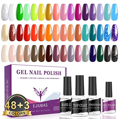 nail polish 30 pack - Gel Nail Polish 51 Bottles - Long Lasting Over 30 Days, Gel Nail Polish Kit 48 Colors with Glossy Gel Top Coat Base Coat and Nail Strengthener All Seasons Soak Off Gel Nail Polish Set