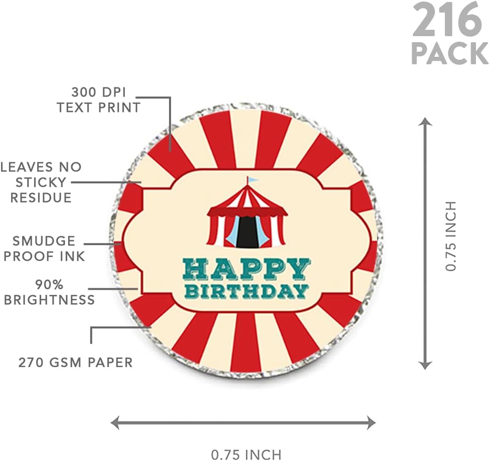 Andaz Press Chocolate Drop Labels Stickers, Birthday, Carnival Tent, 216-Pack, for Clown, Circus Themed Kisses Party Favors, Gifts, Decorations