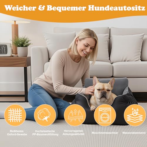 Hunde Autositz Extra Stabil für Kleine Hunde (unter 12kg) mit Sicherheitsgurt,Wasserdichter Autositz Hund für Rück- und Vordersitz,Hundesitz Auto mit Abnehmbares Hundekissen Waschbar,Seitliche Taschen