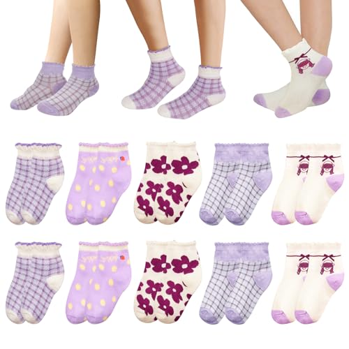 Zzxlw Mädchen Socken Kinder Mittelstrümpfe 10 Paar Schulsocken M Atmung Schwitzen Violett Weiß Süße Cartoon Bunte Kindersocken 27-31 Strümpfe geeignet für Prinzessin Roll-up-Strümpfe 6-8 Jahre