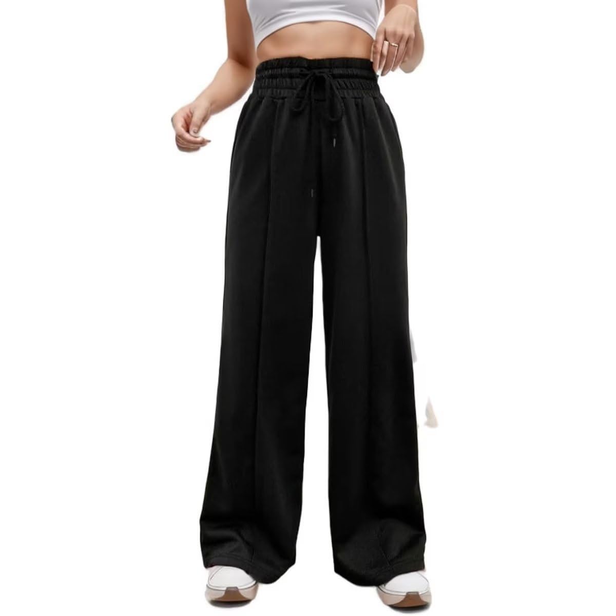 Womens Drawstring Elastic Waist Wide Leg Long Pants Loose Fit Pants Tall Yoga Fall Active Trousers with Pockets