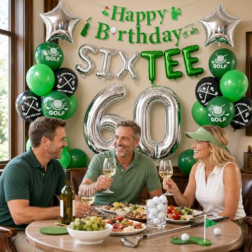 Image of 60th Golf Themed Birthday Decorations for Men 60th Party Decorations | Golf Print Balloons 60 Number Balloons Happy Birthday Banner SIX-TEE Banner 60 Foil Balloons