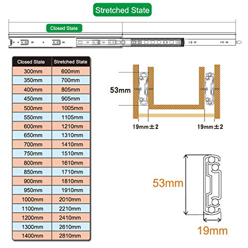 Glissières à roulement à billes à extension complète 1000mm renforcées - 8
