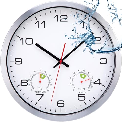 VIVILINEN Outdoor Wanduhr Wasserdicht mit Temperatur- & Feuchtigkeitsanzeige Außenuhren wetterfest mit UV-beständigem Zifferblatt, IP65 für Garten, Terrasse, Küche & Badezimmer