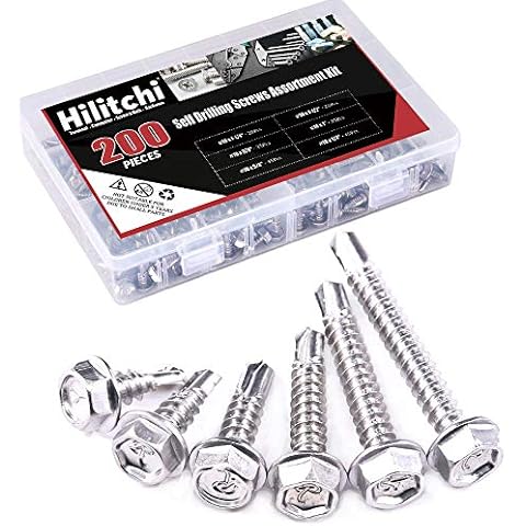 Hilitchi 410 Stainless Steel #10 Hex Washer Head Self Drilling Sheet Metal Tek Screws Assortment Kit Set with Drill Point, Self Driller, 200 pieces Cover