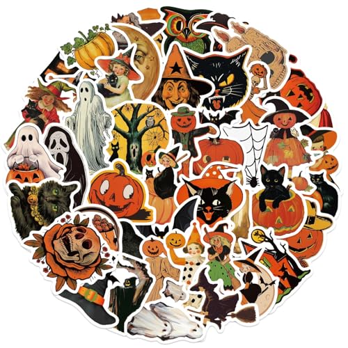 50Pcs Halloween Pumpkin Stickers Pack Horrible Skeleton Bat Sticker Witch Ghost Decals for Water Bottle Laptop Phone Skateboard Scrapbooking Bumper for Teens Adults Fans for Party Supply (Pumpkin)