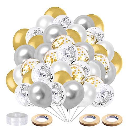 Ballon Anniversaire,Ballon Gonflable,60 Pièces Doré Argent Confettis Ballons Argent Blanc Ballons pour Mariage,Baby Shower, Diplôme, Cérémonie Décorations de Fête