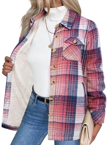 Zeagoo Fall Jackets for Women 2025 Plaid Flannel Shacket Shirts Warm Sherpa Fleece Lined Winer Outwear Coats