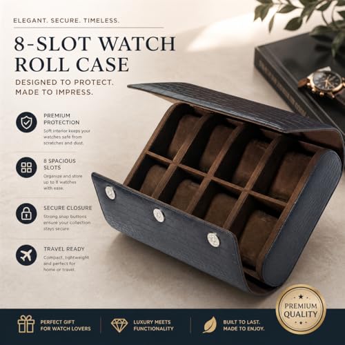 Image of essart 8-Slot Travel Watch Organizer - Elegant PU Leather Watch Roll for Collectors, Scratch-Proof & Portable Storage Watch roll case for men & women