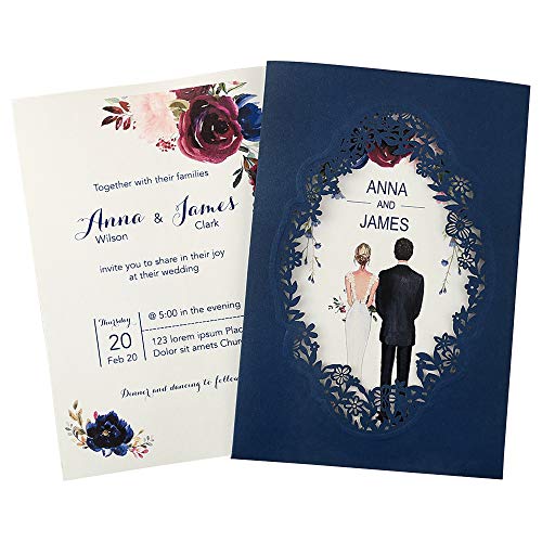DORIS HOME 50PCS Personalized Laser Cut Wedding Invitations Cards with Envelopes for Wedding Bridal Shower Engagement Navy Blue 5 x7.3 inch