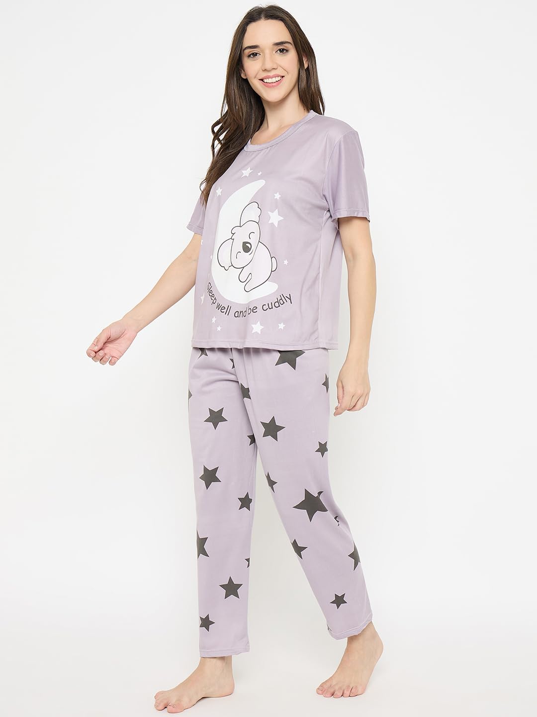 CAMEY Women's Printed Pyjama Set, Short Sleeve T-Shirt and Trousers, Women Nightsuit, Loungewear Sets (Purple, M) - Image 3 thumbnail