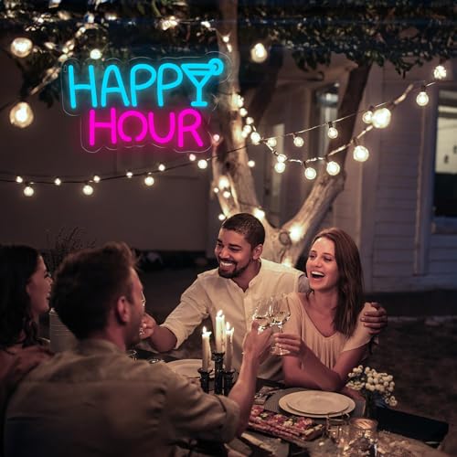 Image of Happy Hour Neon Sign, Art Letter Shape Led Neon Light for Wall Decoration Blue and Pink USB Outdoor Dimmable Ambient Neon Light Signs for Birthday Party, Family Gatherings, Bar Celebration