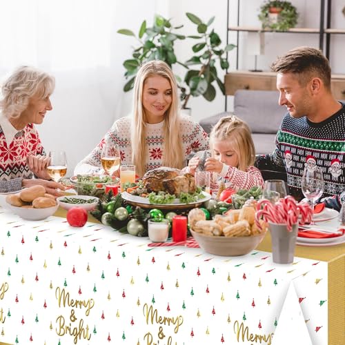 Image of Christmas Winter Waterproof Tablecloths - 3 Packs Gold White Mini Christmas Tree Tablecloths Colorful Waterproof Table Cover Merry Bright Disposable Plastic Tablecloth Xmas Party Table Decor